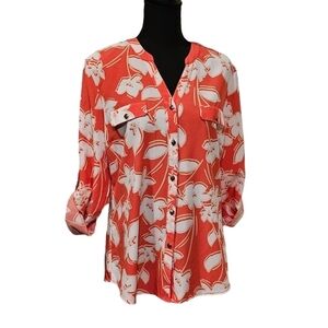 Laura Scott Coral Floral 94% polyester 6% Spandex V-neck Button Up Blouse Size M